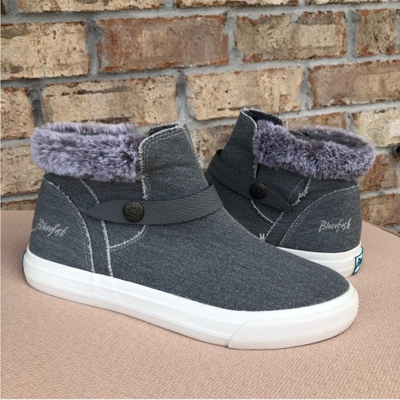 Blowfish Malibu Mint Women’s Gray Canvas Fur Zipper Closure Ankle Boots Sz 8.5 - Picture 2 of 13